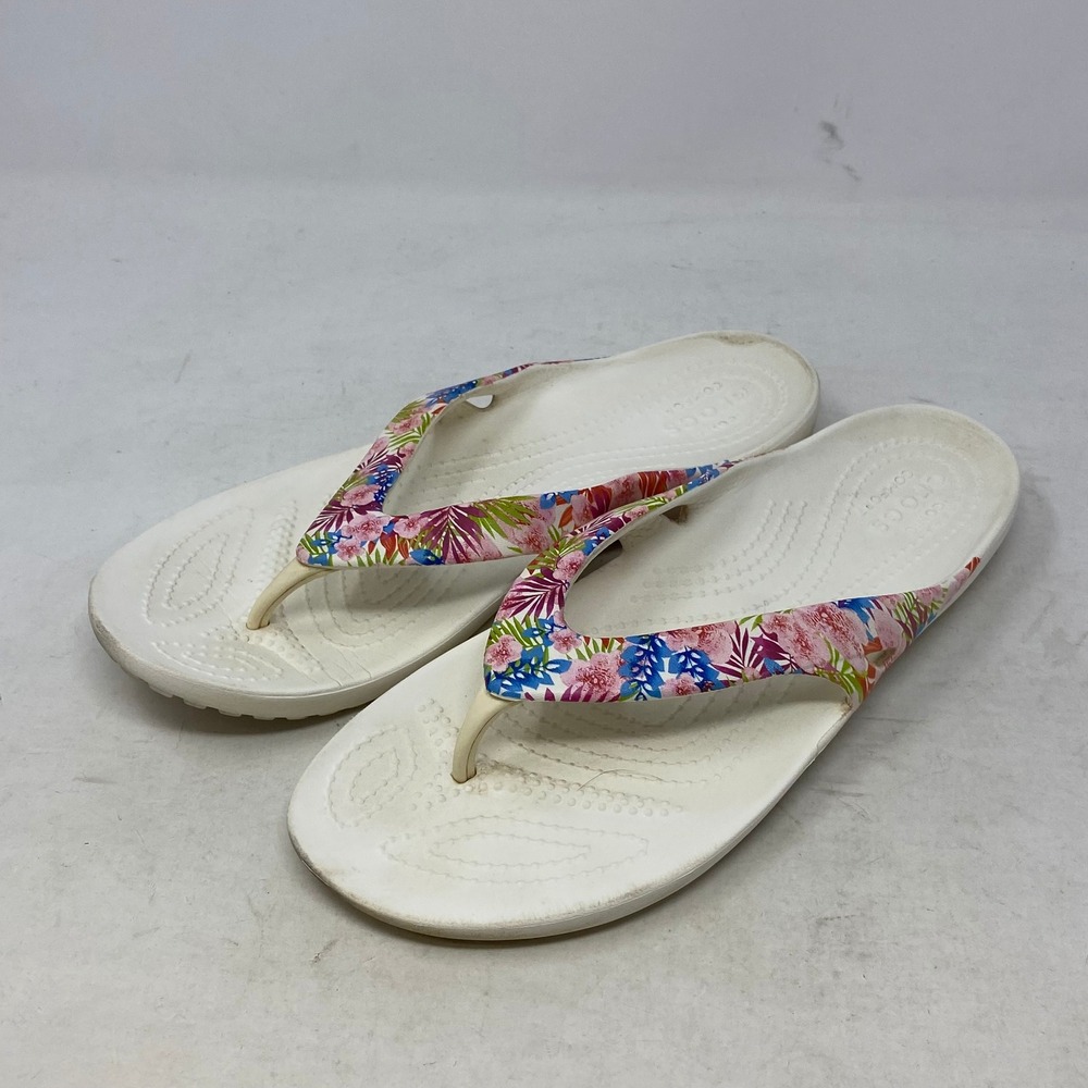 Crocs Kadee II Floral Flip Flops Womens 8 White Pink Blue Sandals 204231
